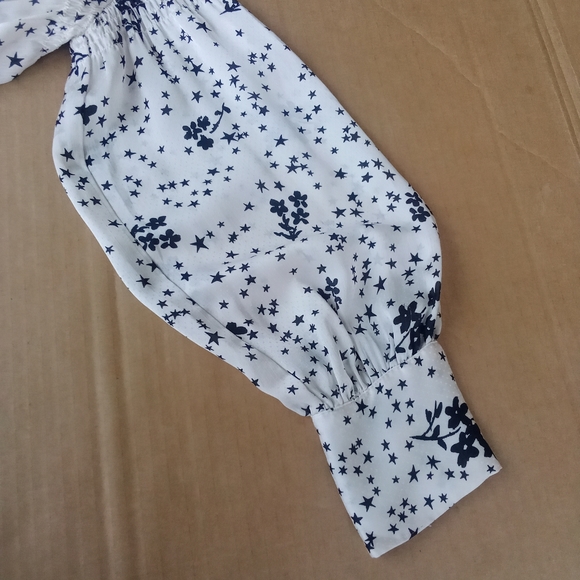 Zara Ruched Blouse White & Black Floral Stars Pattern Front Tie Balloon Sleeve - Picture 12 of 16